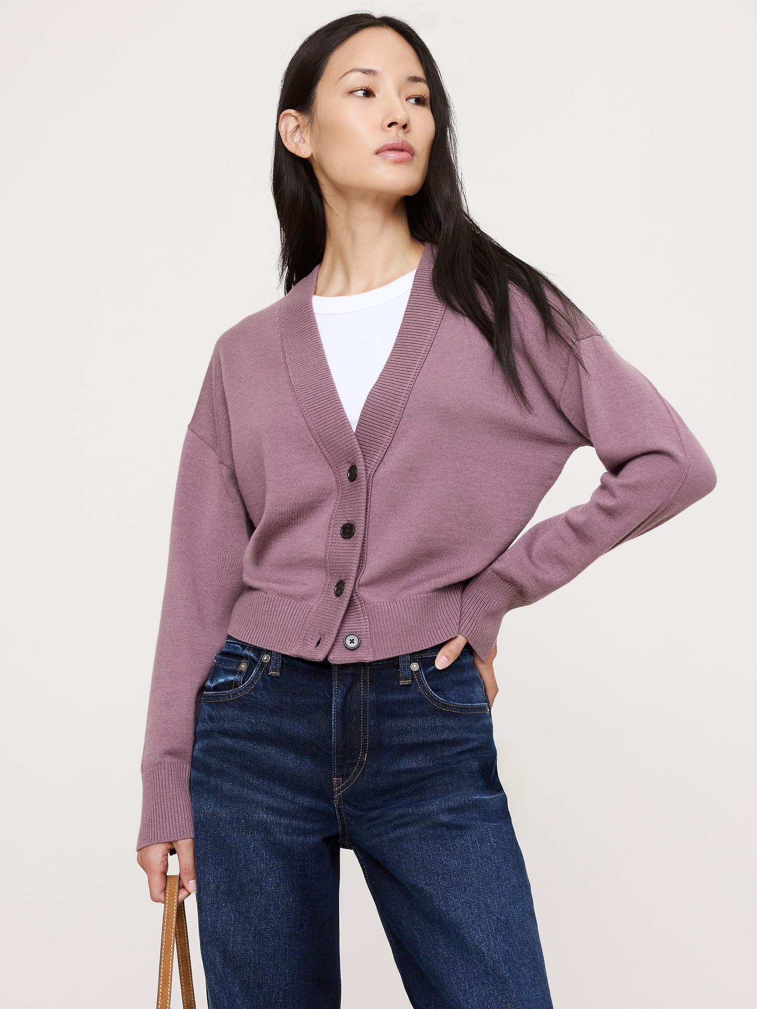 Merino Cardigan Sweater - Mauve Sky