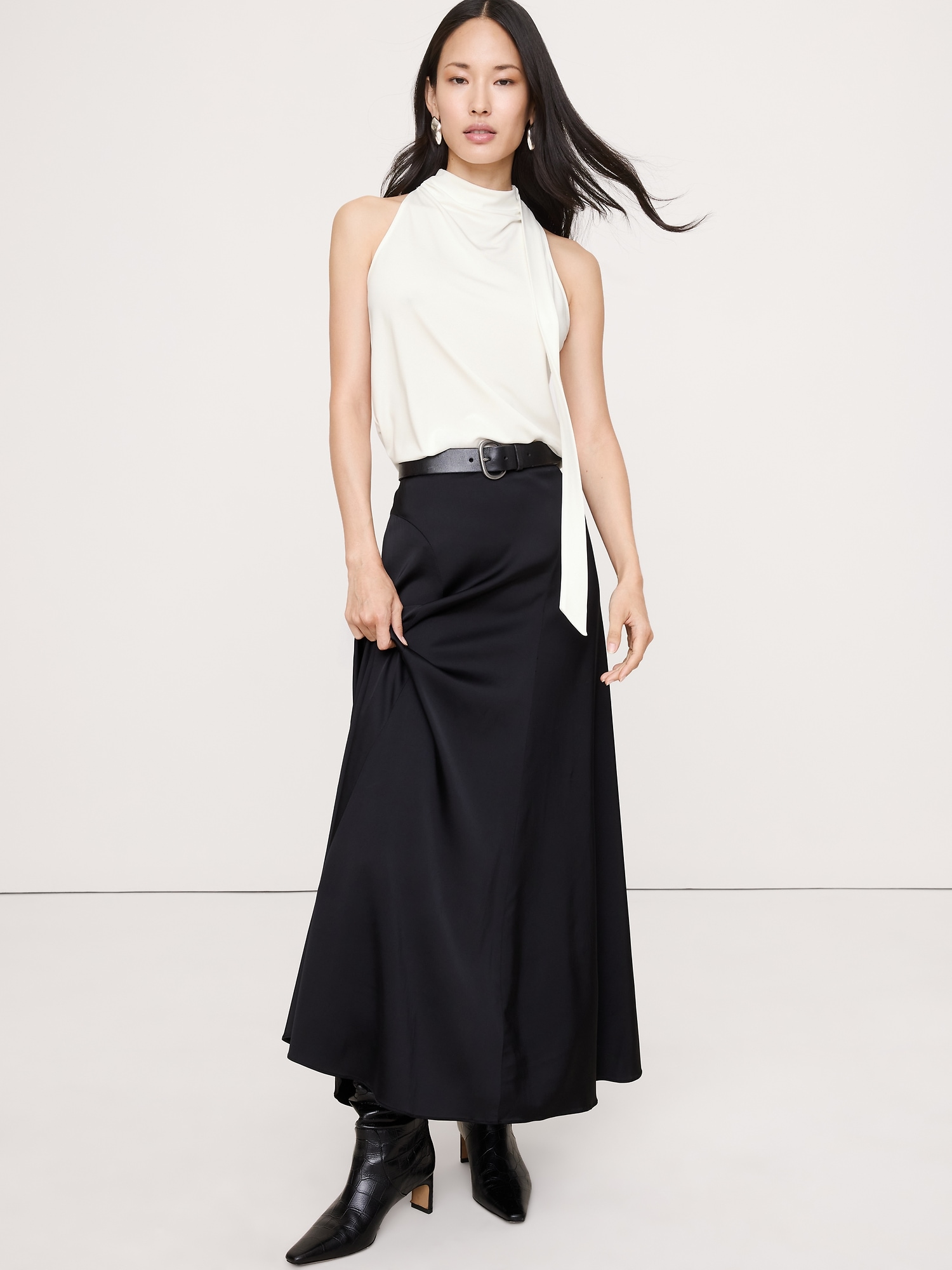 Matte Jersey Scarf-Neck Top - White