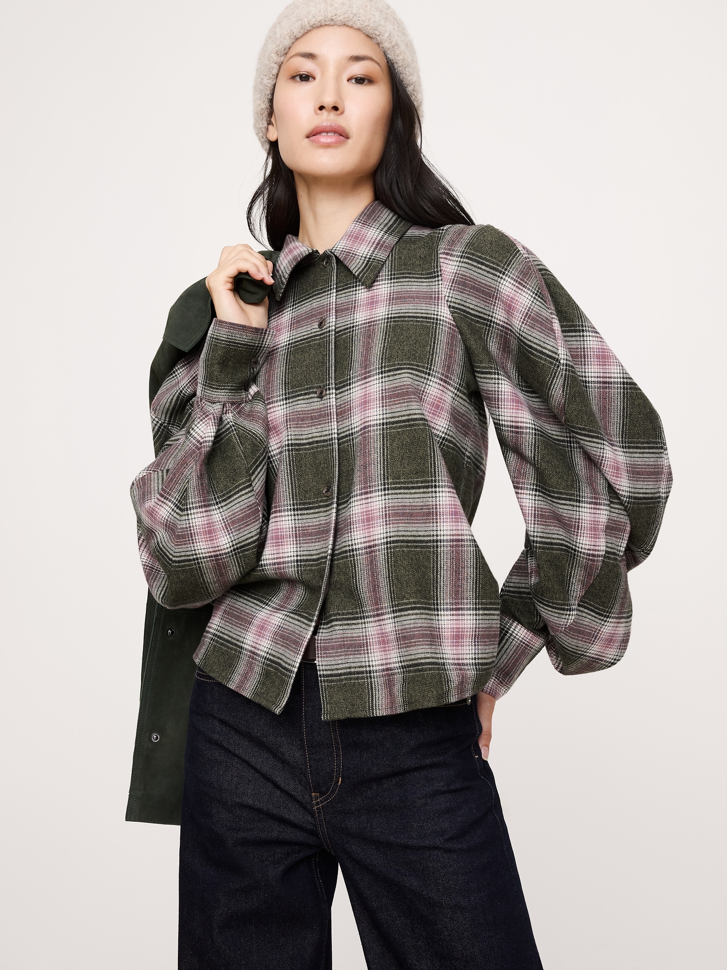 Flannel Volume-Sleeve Shirt - Pink Plaid