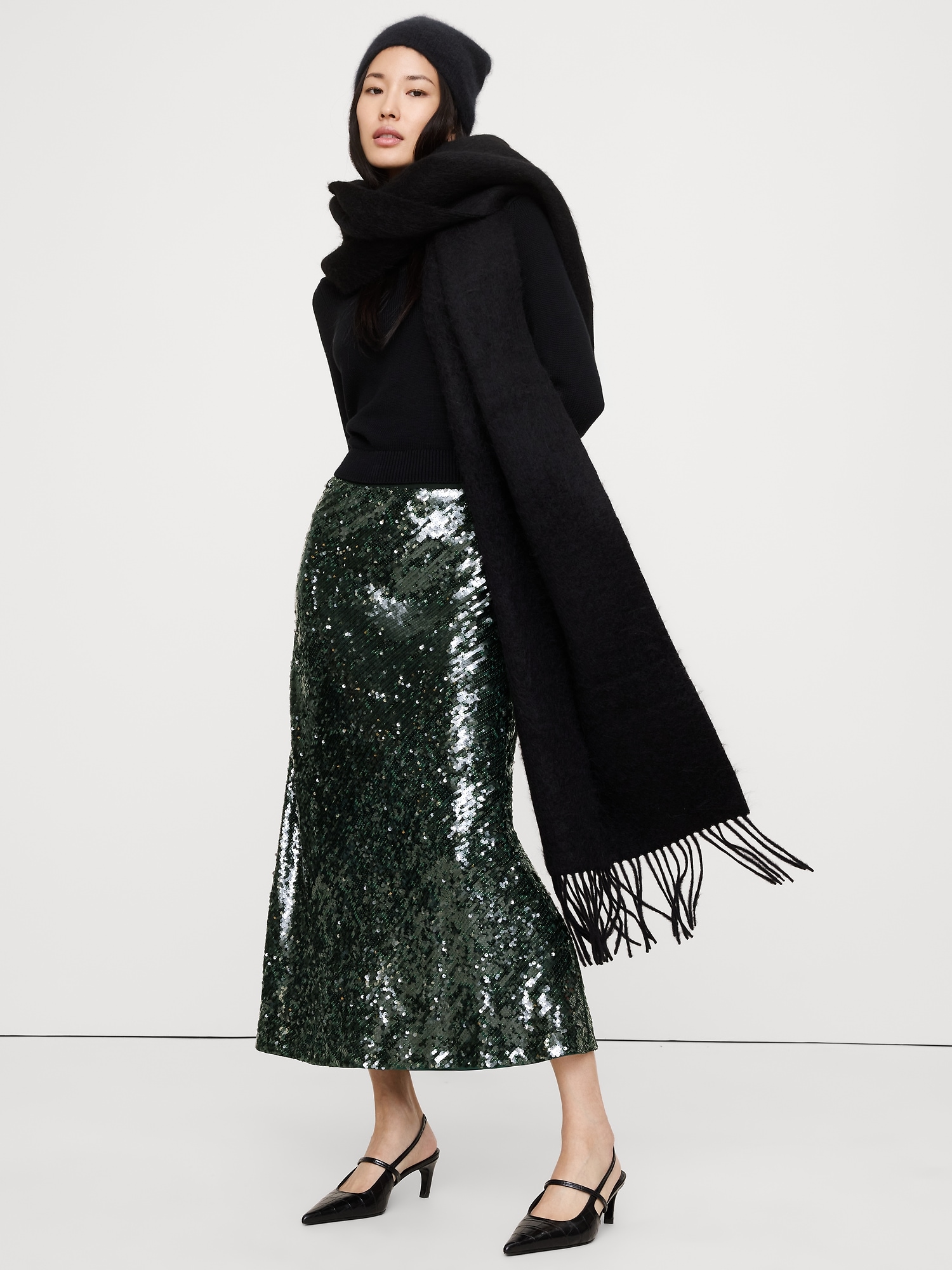 Bias-Cut Sequin Maxi Skirt - Dark Green