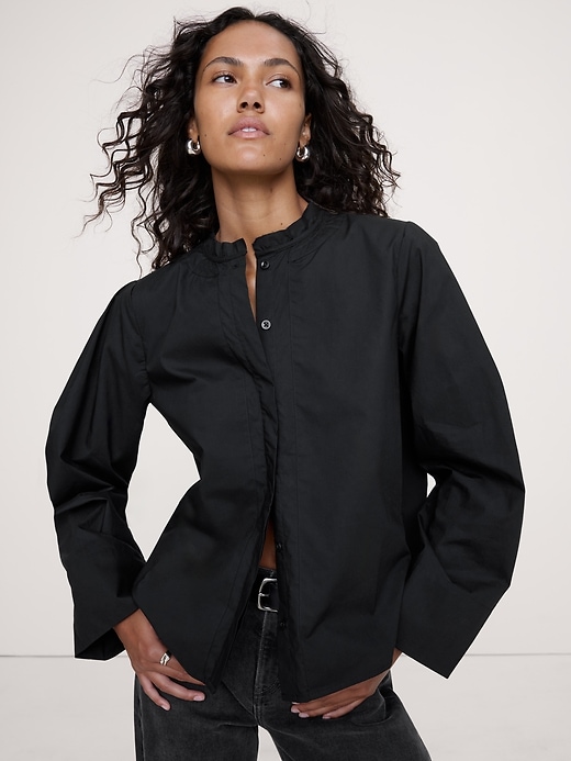 Cotton Poplin Banded-Collar Top