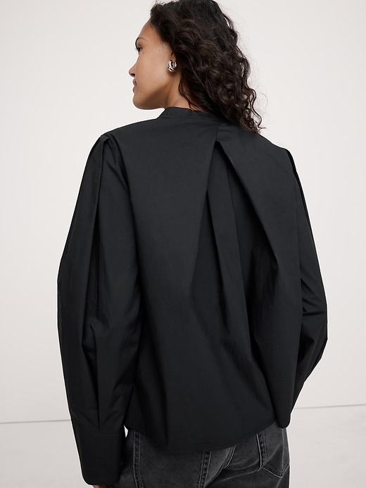 Cotton Poplin Banded-Collar Top