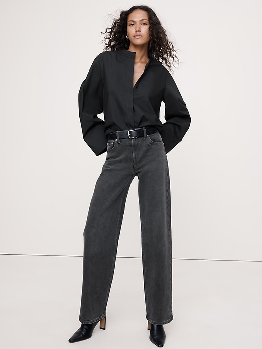 Cotton Poplin Banded-Collar Top