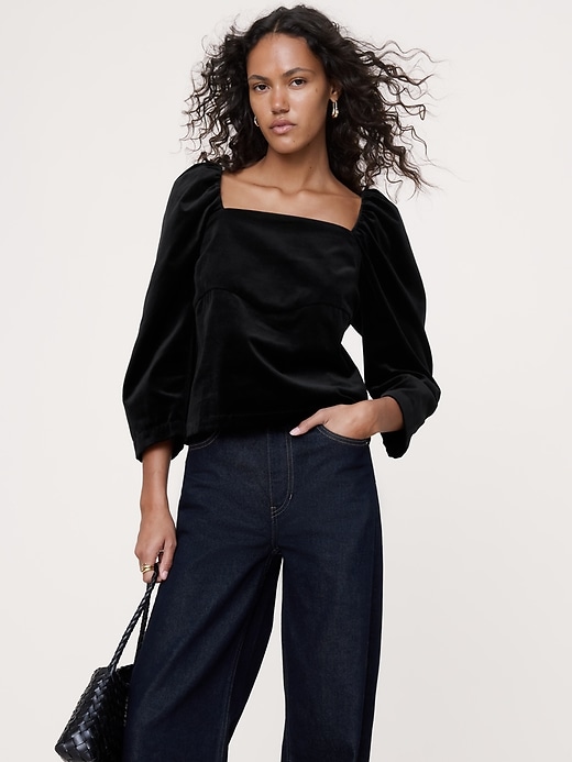 Cotton Velvet Puff-Sleeve Top | Banana Republic