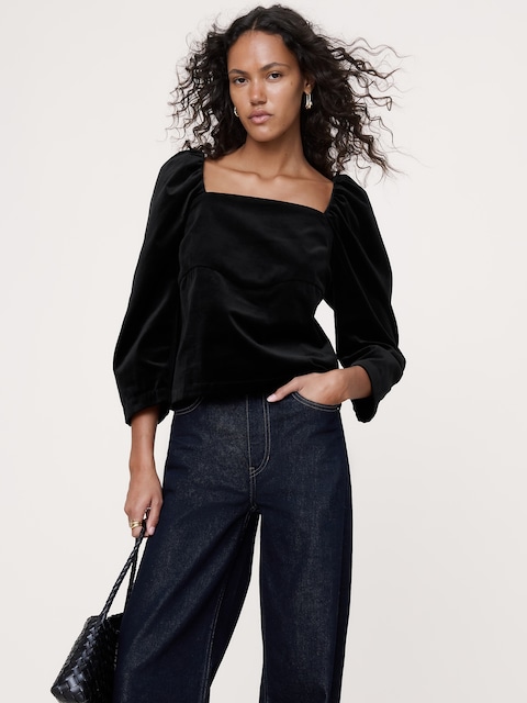 Cotton Velvet Puff-Sleeve Top