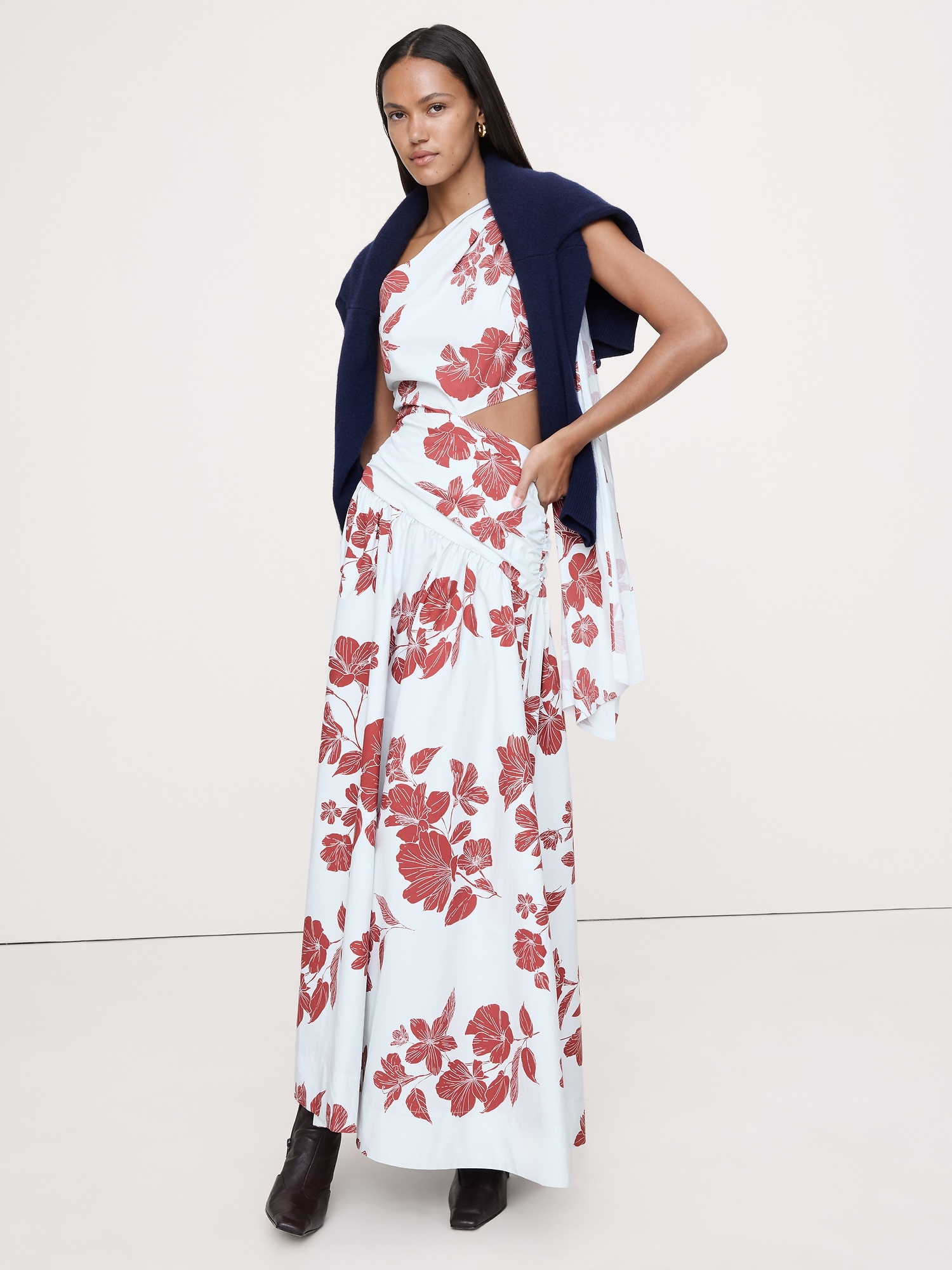 Stretch-Cotton Poplin One-Shoulder Drop-Waist Maxi Dress - Blue & Red Floral
