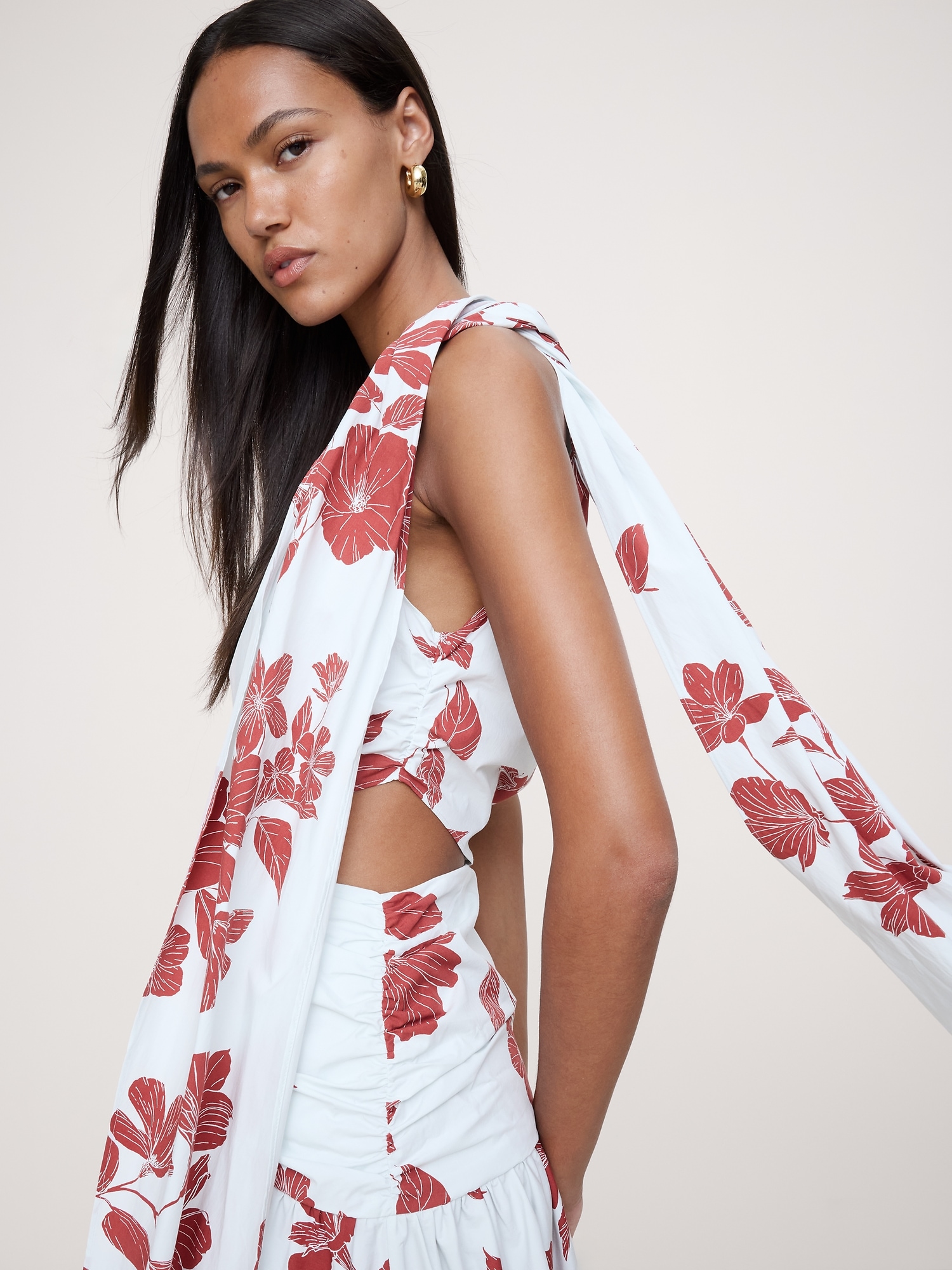 Image number 8 showing, Stretch-Cotton Poplin One-Shoulder Drop-Waist Maxi Dress