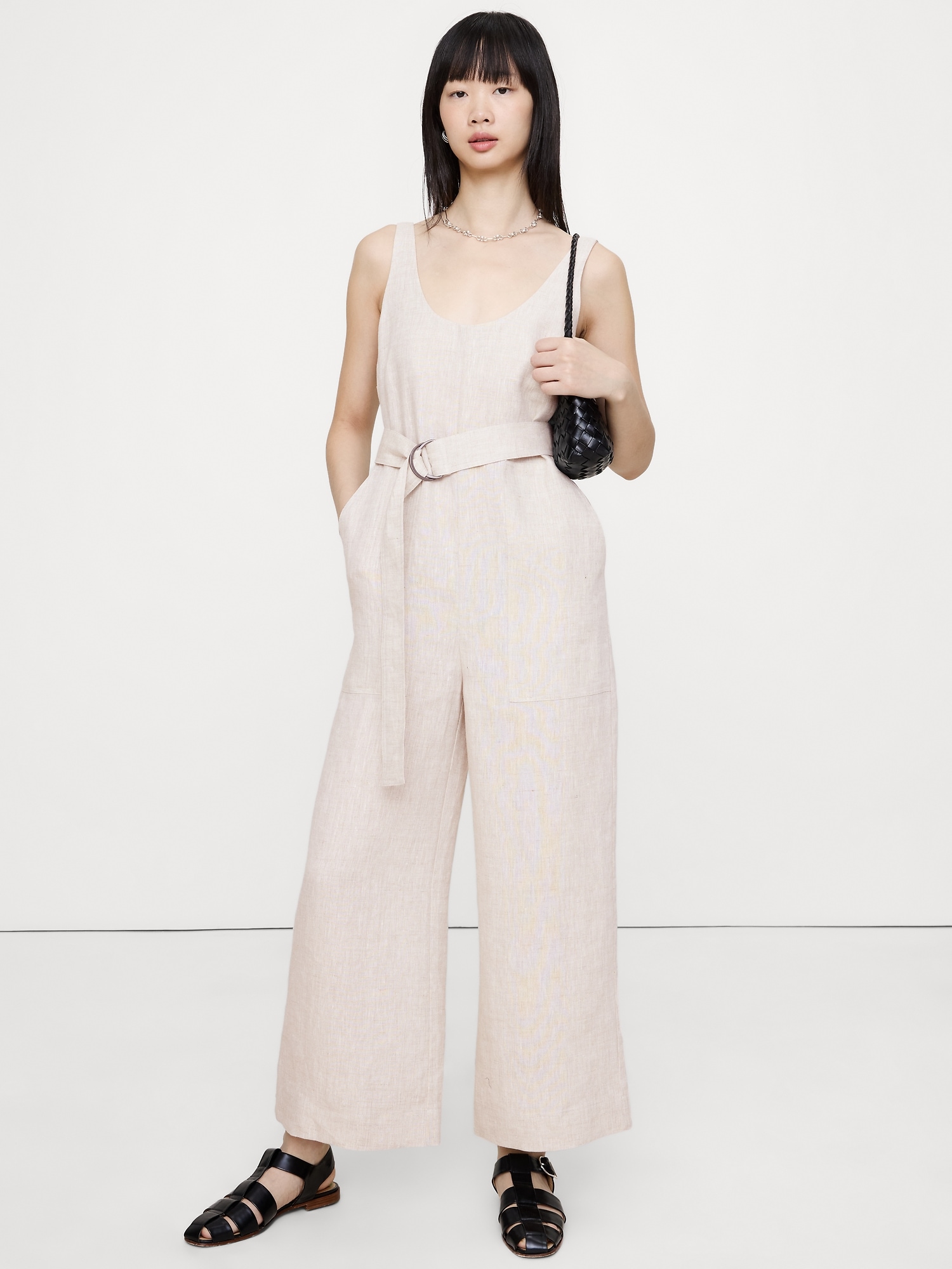 Linen Belted Wide-Leg Jumpsuit - Natural Beige