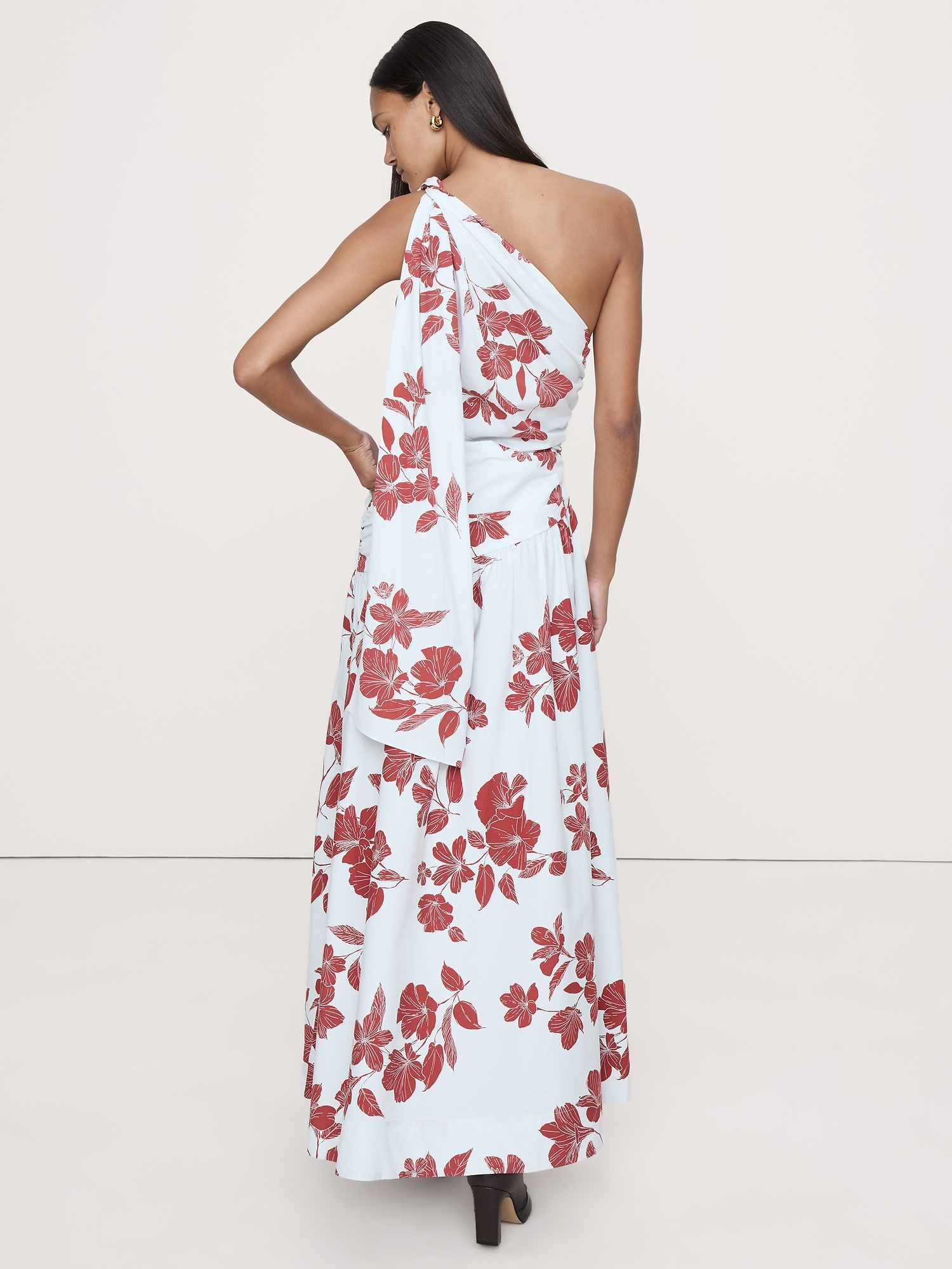Image number 7 showing, Stretch-Cotton Poplin One-Shoulder Drop-Waist Maxi Dress