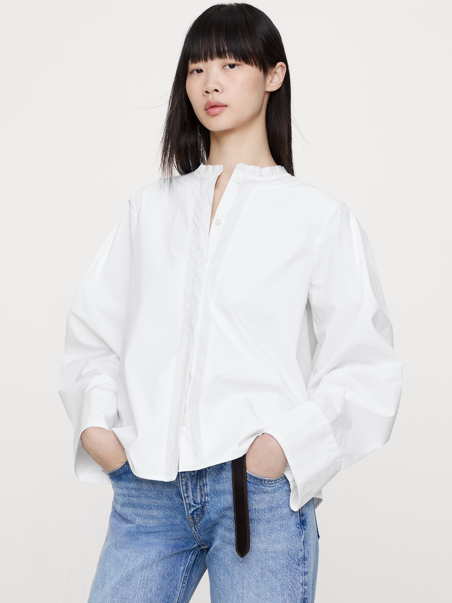 Cotton Poplin Banded-Collar Top - White