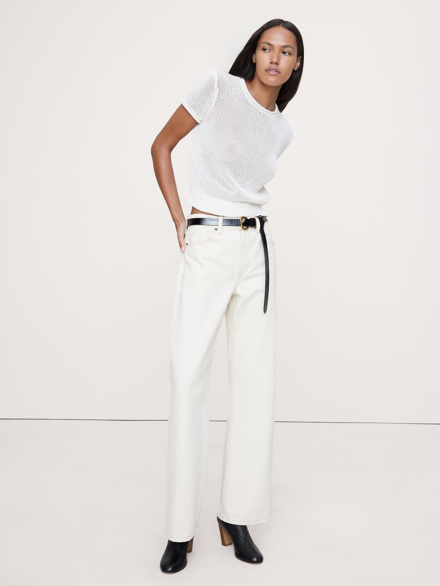 Fitted Linen Short-Sleeve Sweater - Magnolia Flower Ivory
