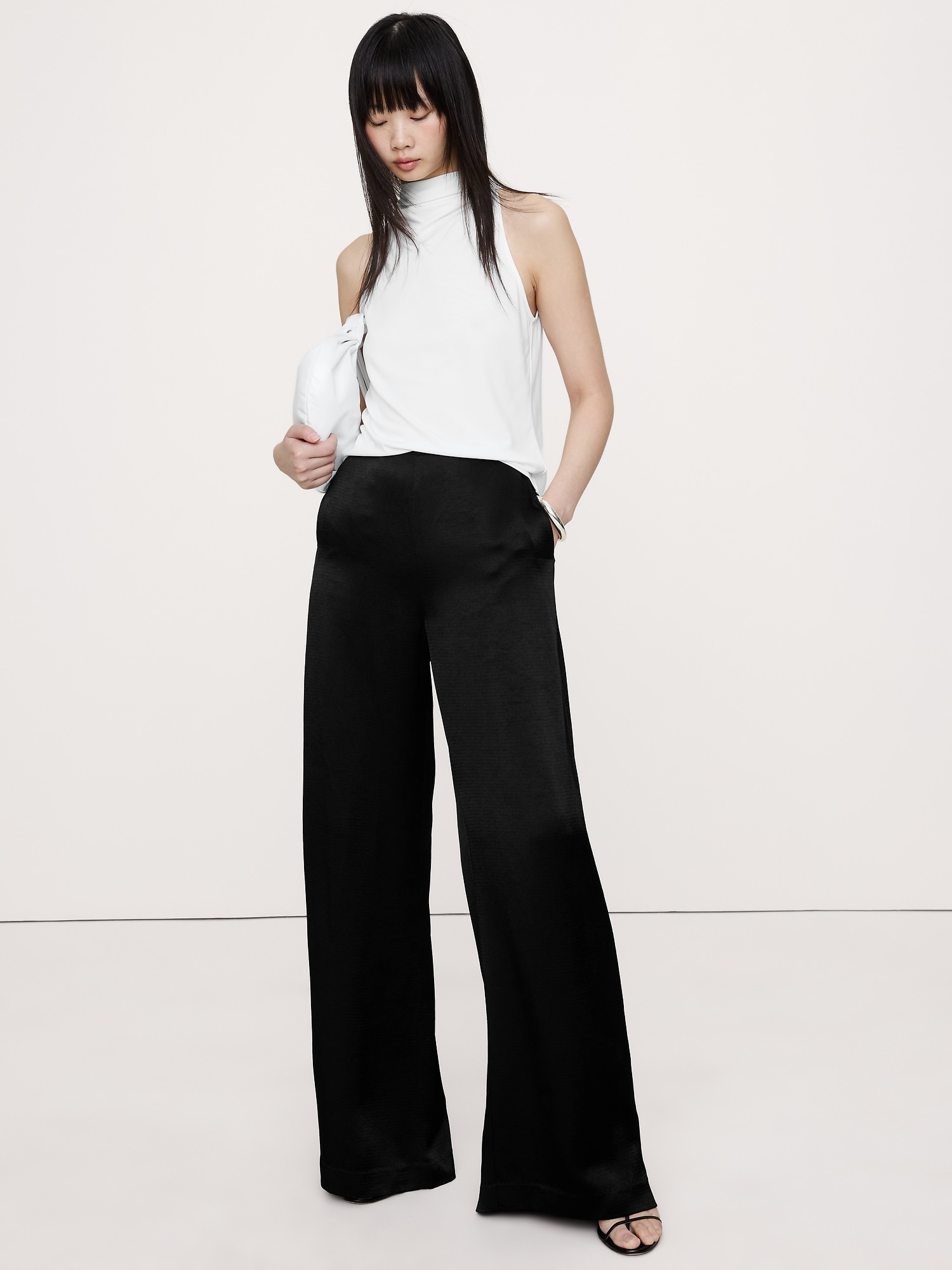 High-Rise Wide-Leg Hammered Satin Palazzo Pant - Black