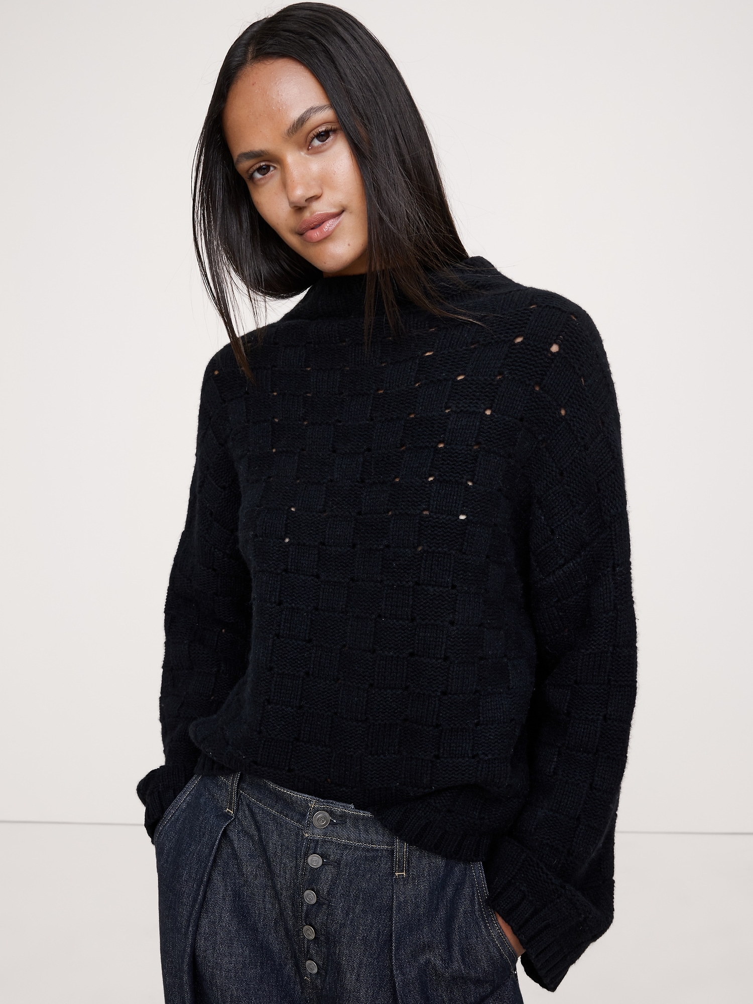 Merino-Cotton Basketweave Sweater - Black