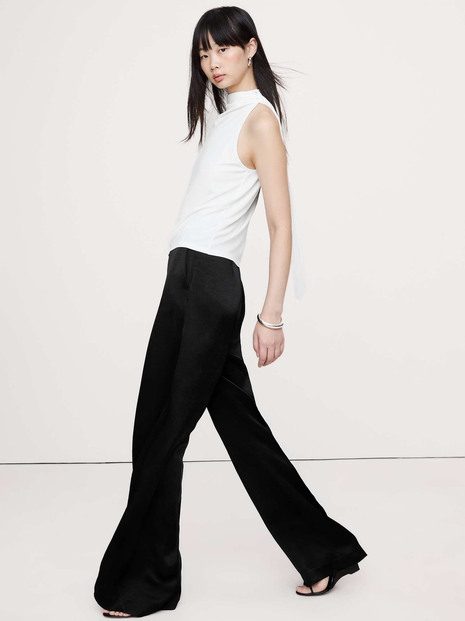 Image number 4 showing, High-Rise Wide-Leg Hammered Satin Palazzo Pant