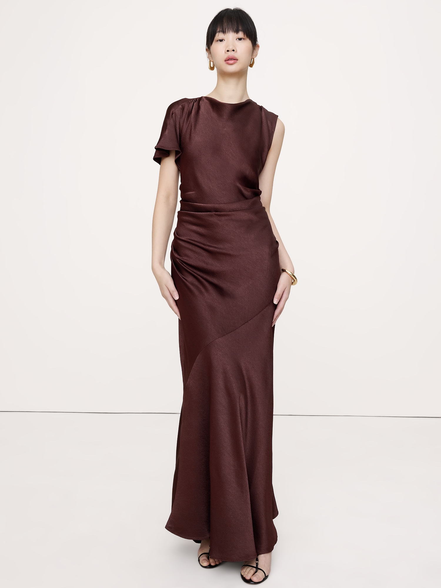 Asymmetrical Hammered Satin Draped Maxi Dress - Chocolate Cake Brown