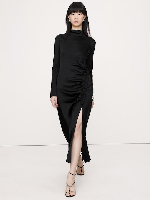 Stretch-Satin Ruched Maxi Dress