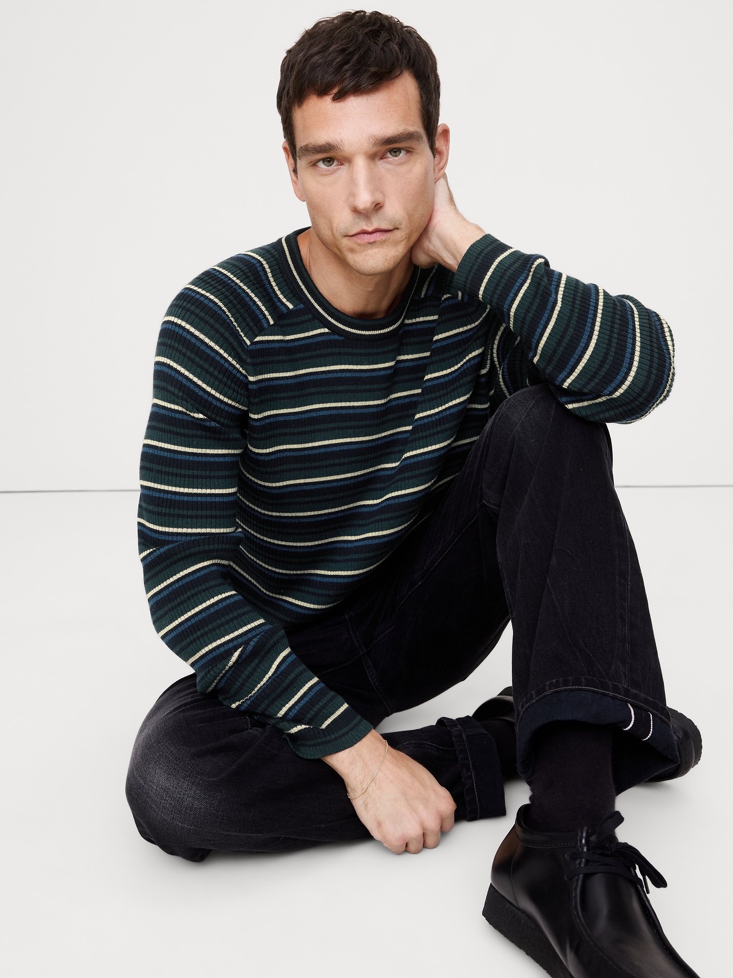 Мужской свитер Banana Republic Slim Merino Ribbed, цвет: Зелёный / Синий