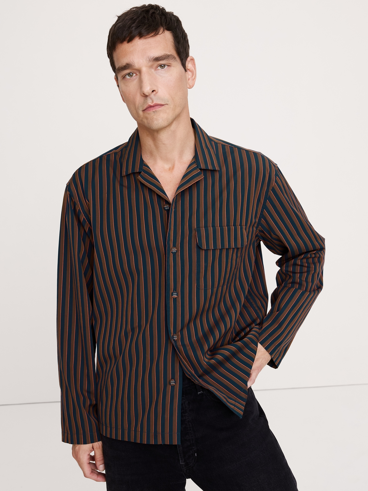 Relaxed-Fit Cotton Poplin Resort Shirt - Navy Blue & Pink