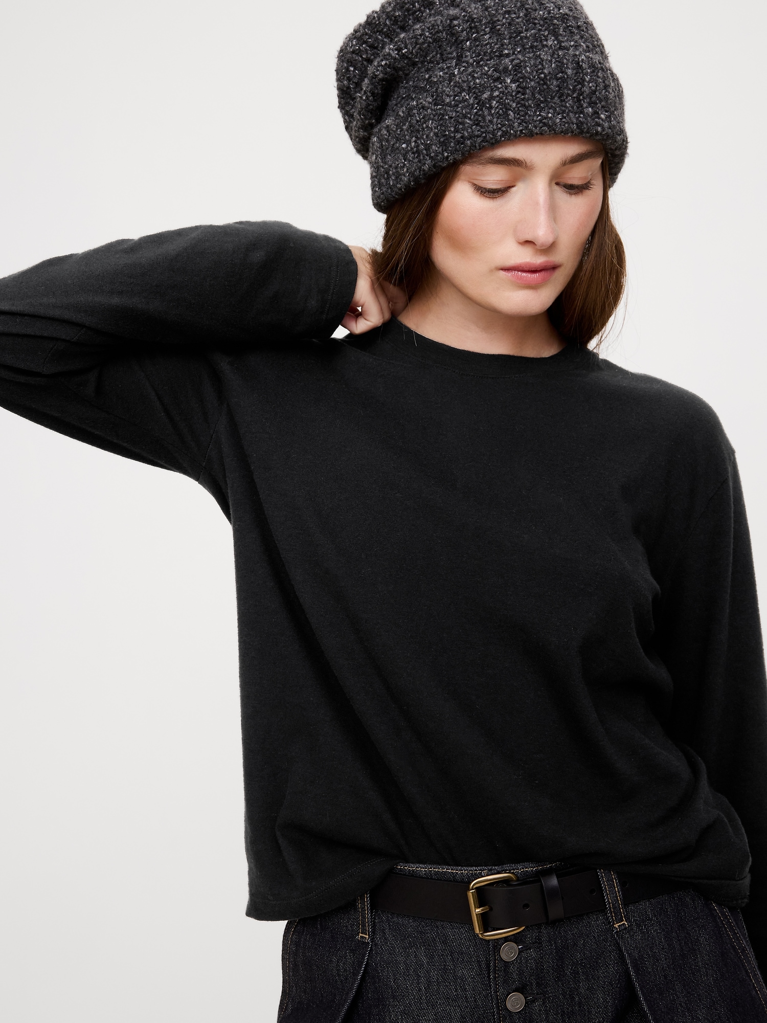 Cotton Slub Long-Sleeve Boyfriend T-Shirt - Black