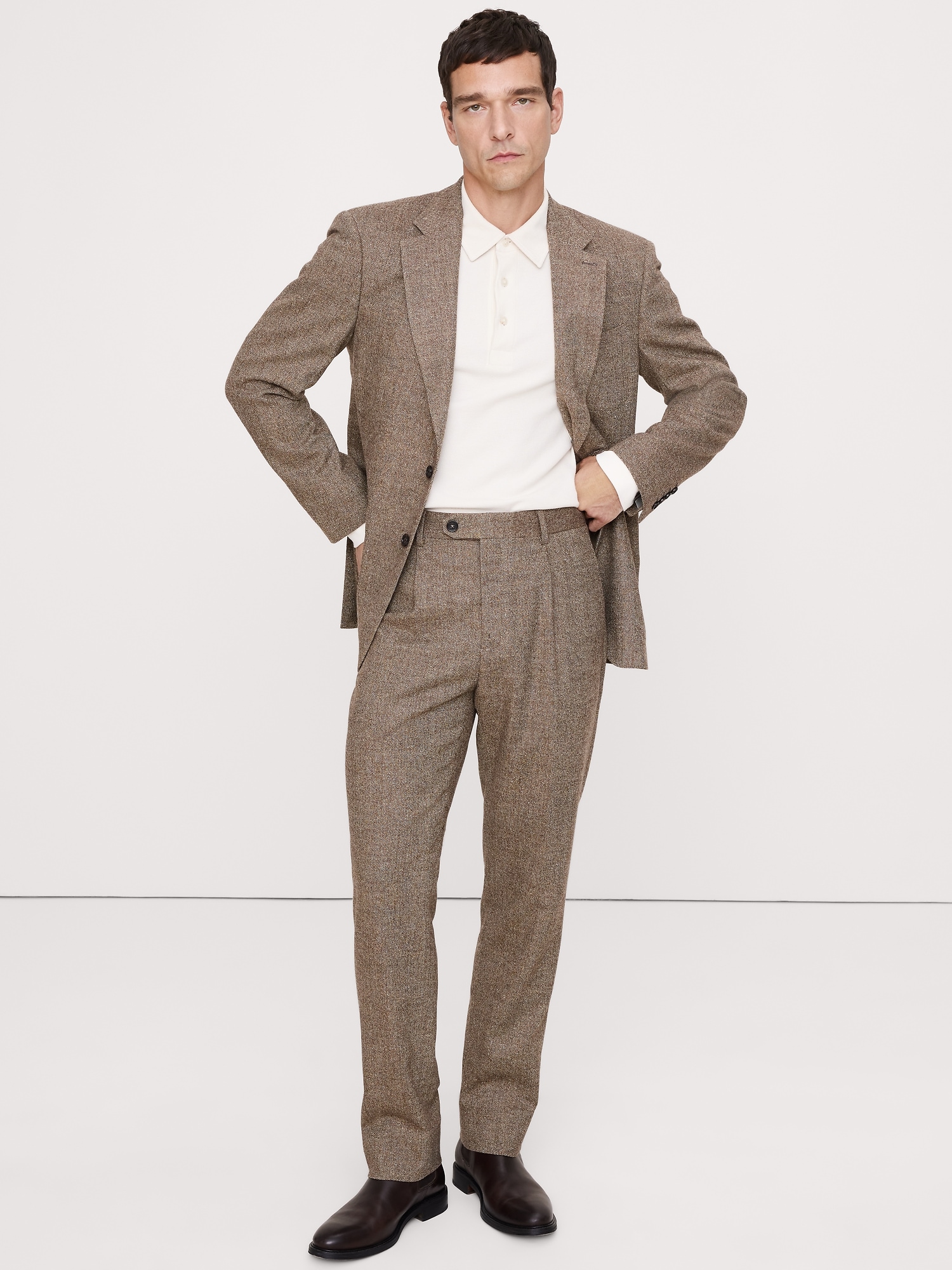 Italian Wool-Blend Suit Pant - Taupe Herringbone