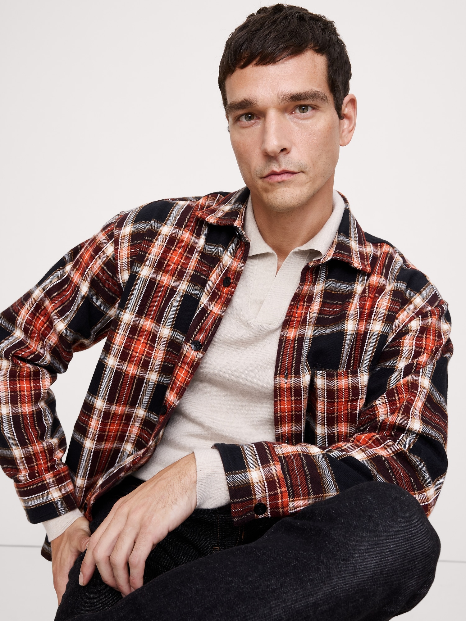Relaxed-Fit Flannel & Chenille Overshirt - Orange Plaid