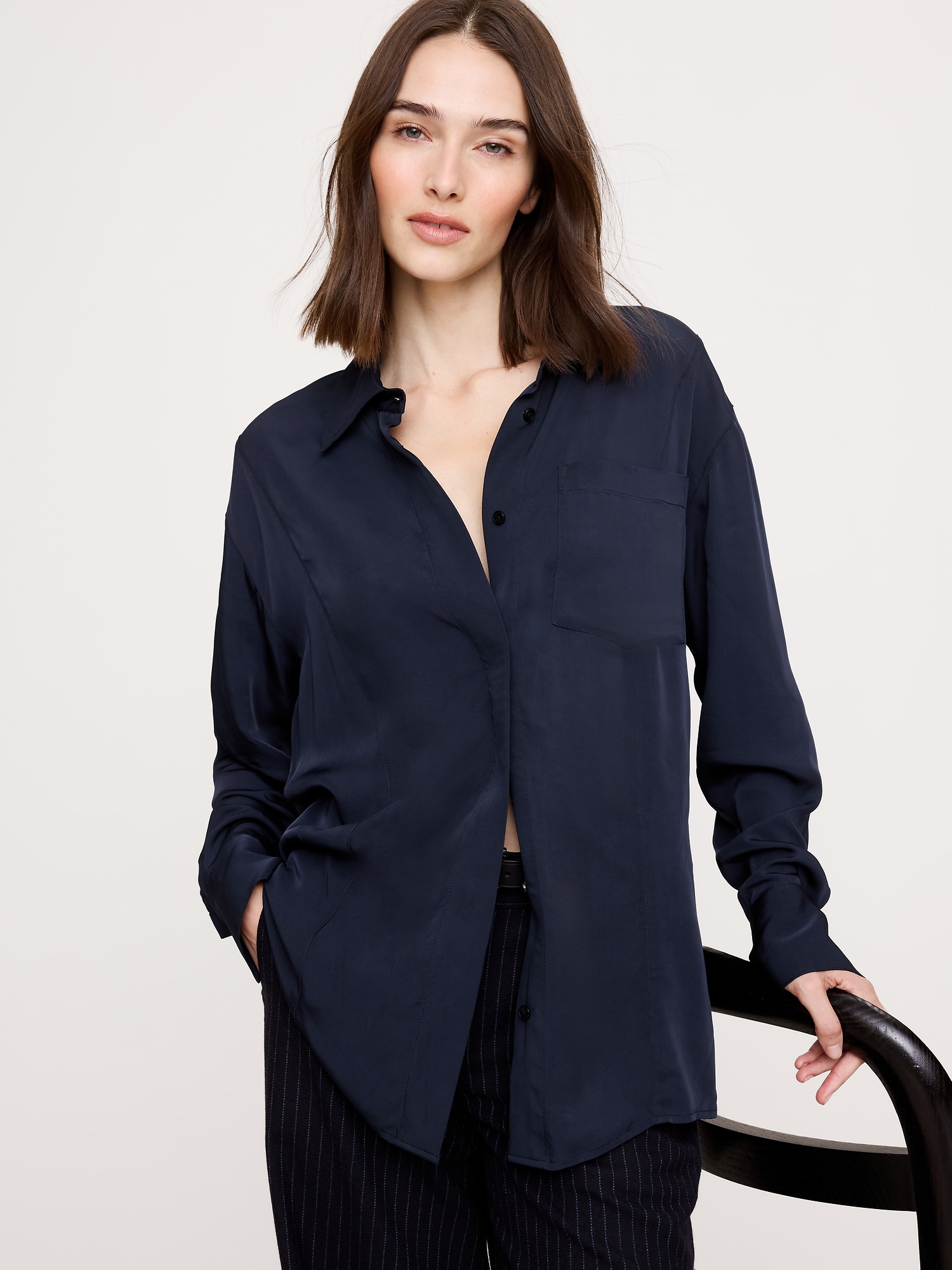 Drapey Button-Back Tunic - Navy Blue