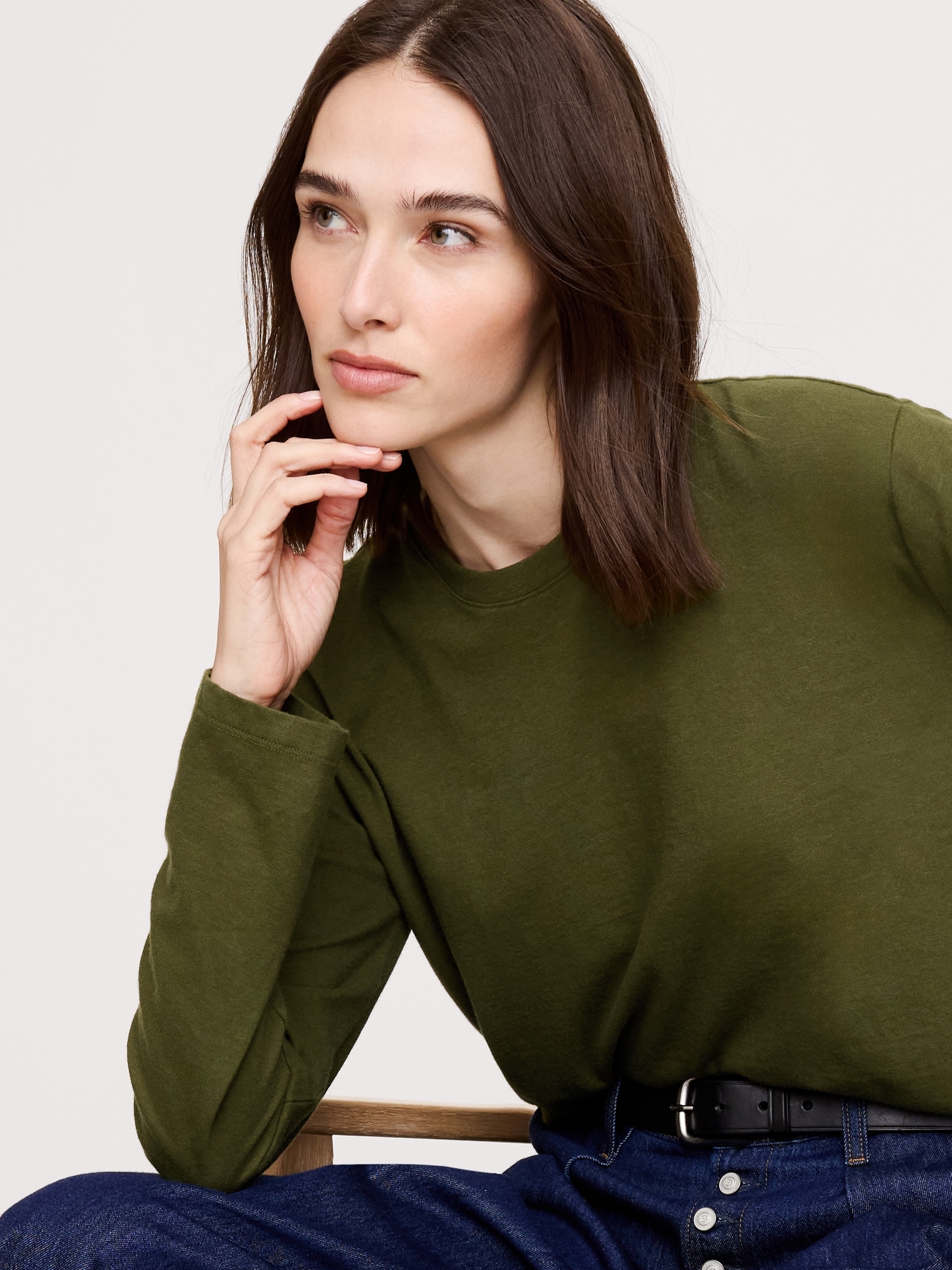 Cotton Slub Long-Sleeve Boyfriend T-Shirt - Mangrove Green