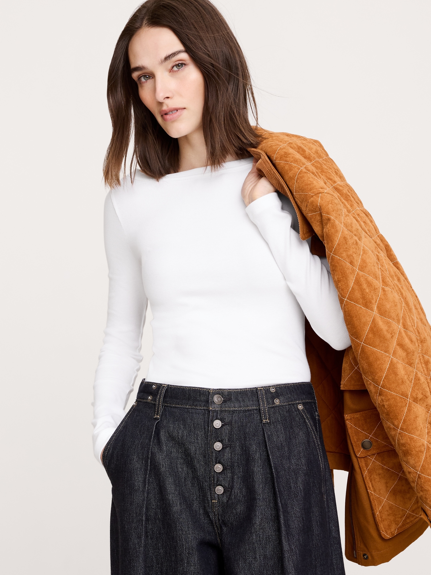 Ribbed Boat-Neck T-Shirt - White