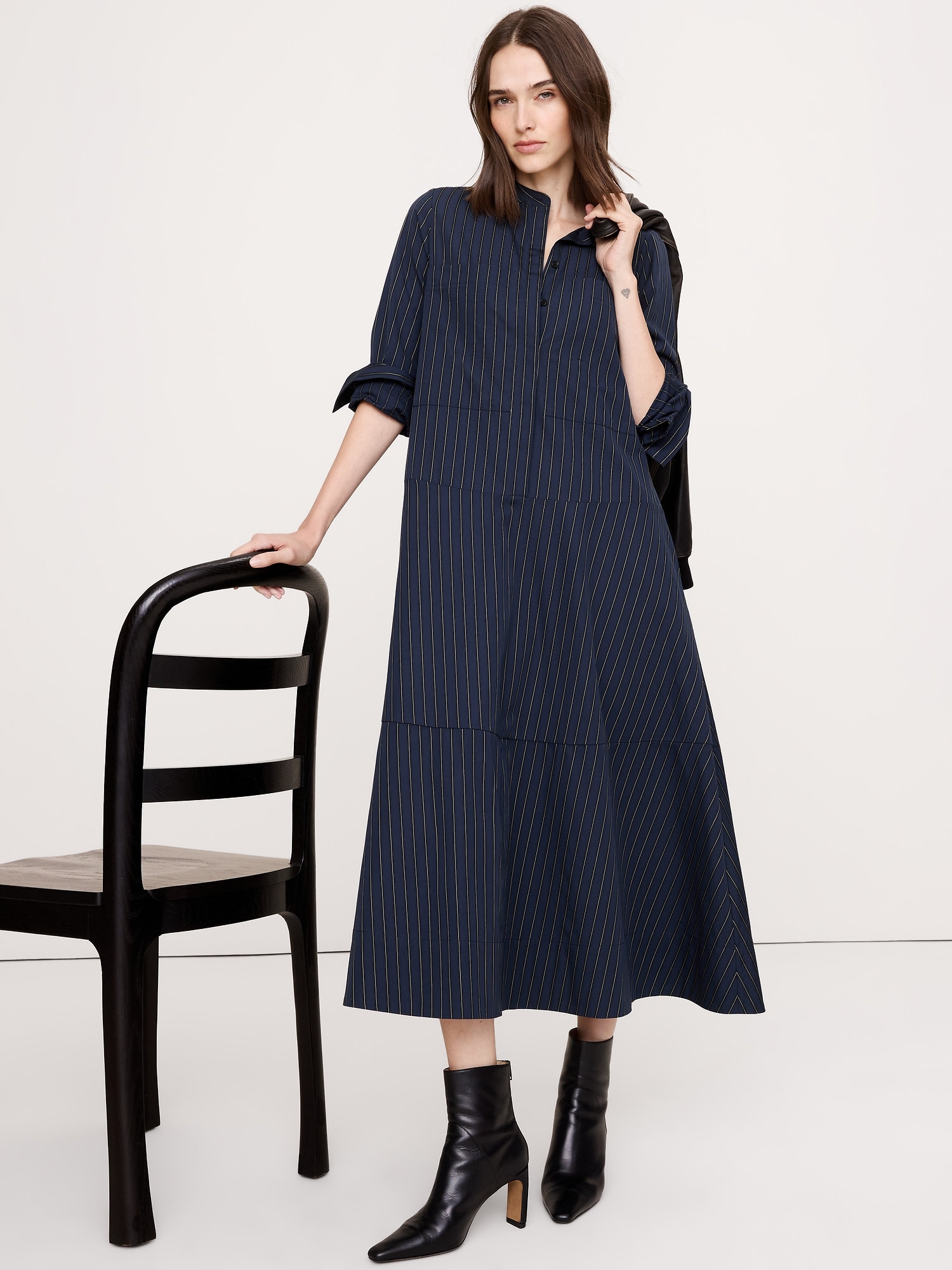 Cotton Trapeze Shirtdress - Navy Blue Multi Stripe