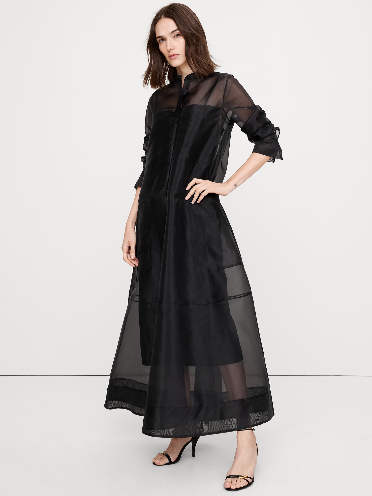 Organza Maxi Shirt Dress - Black