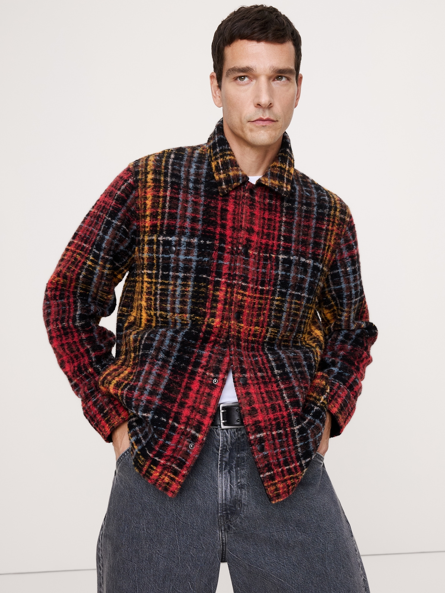Plaid Bouclé Shirt Jacket - Red & Black Plaid