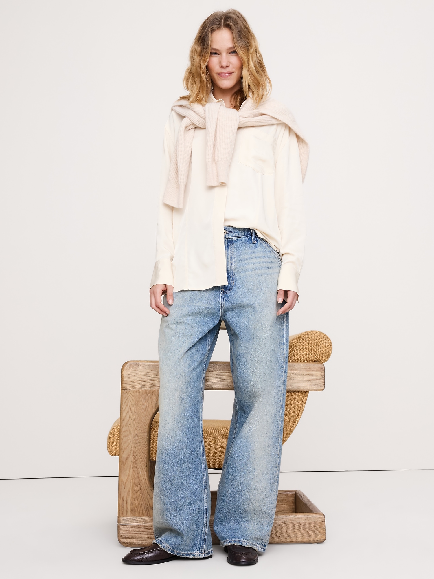 Drapey Button-Back Tunic - Stone Twill Beige