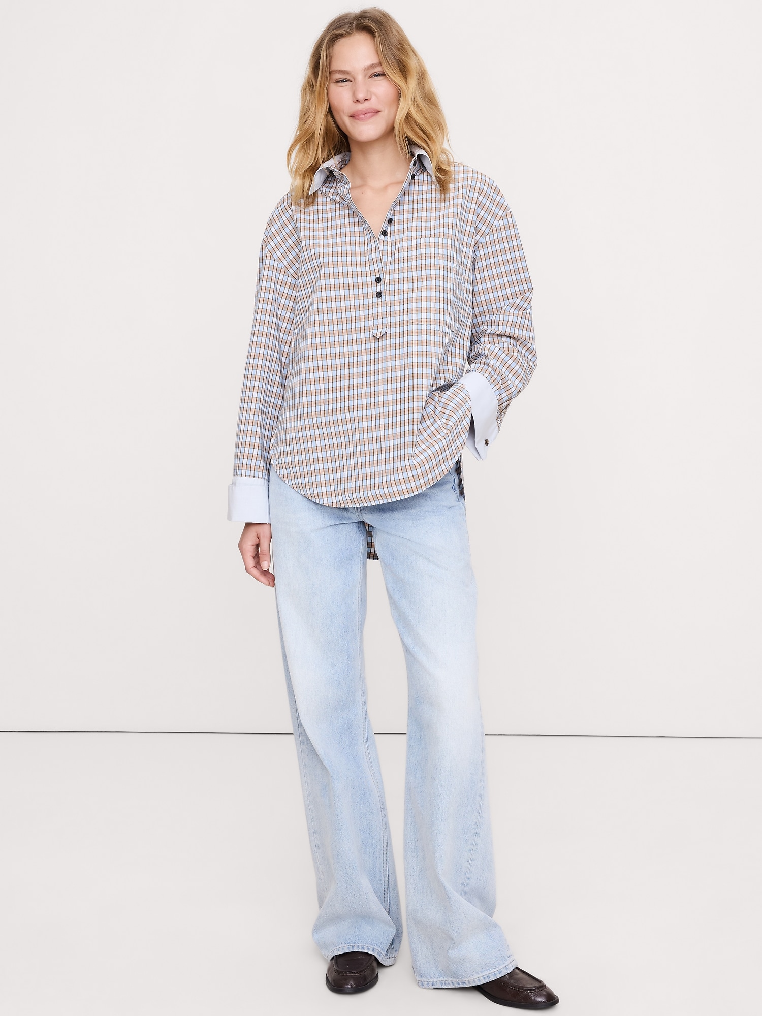 Oversized Cotton Poplin Banker Shirt - Blue Plaid