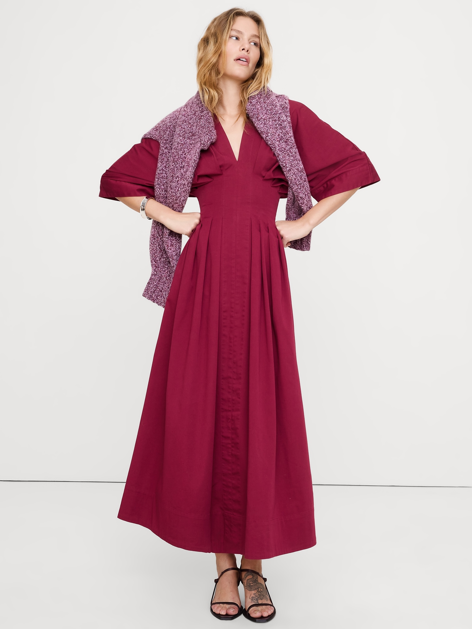 Stretch-Cotton Pleated Maxi Dress - Red Plum