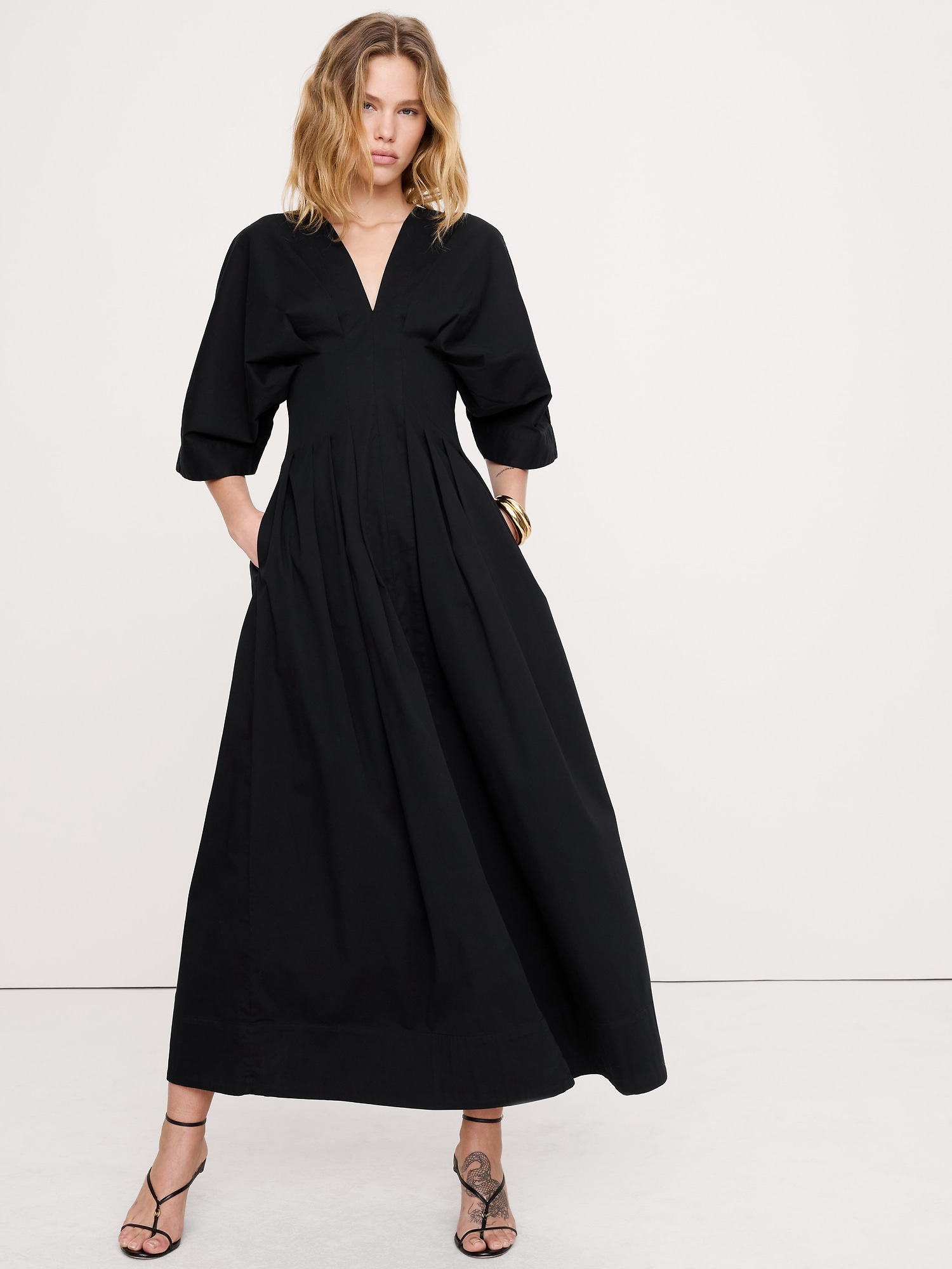 Stretch-Cotton Pleated Maxi Dress - Black