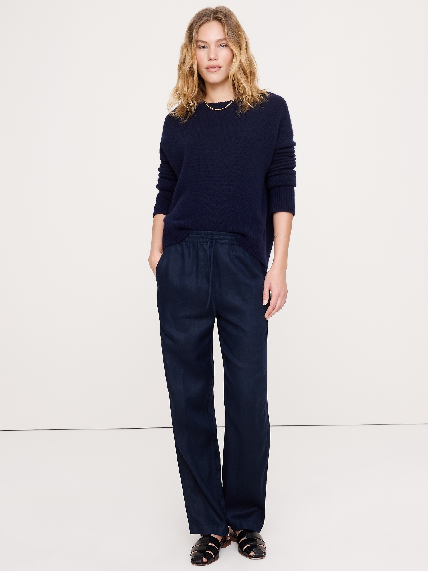 Linen Pull-On Ankle Pant - Navy Blue