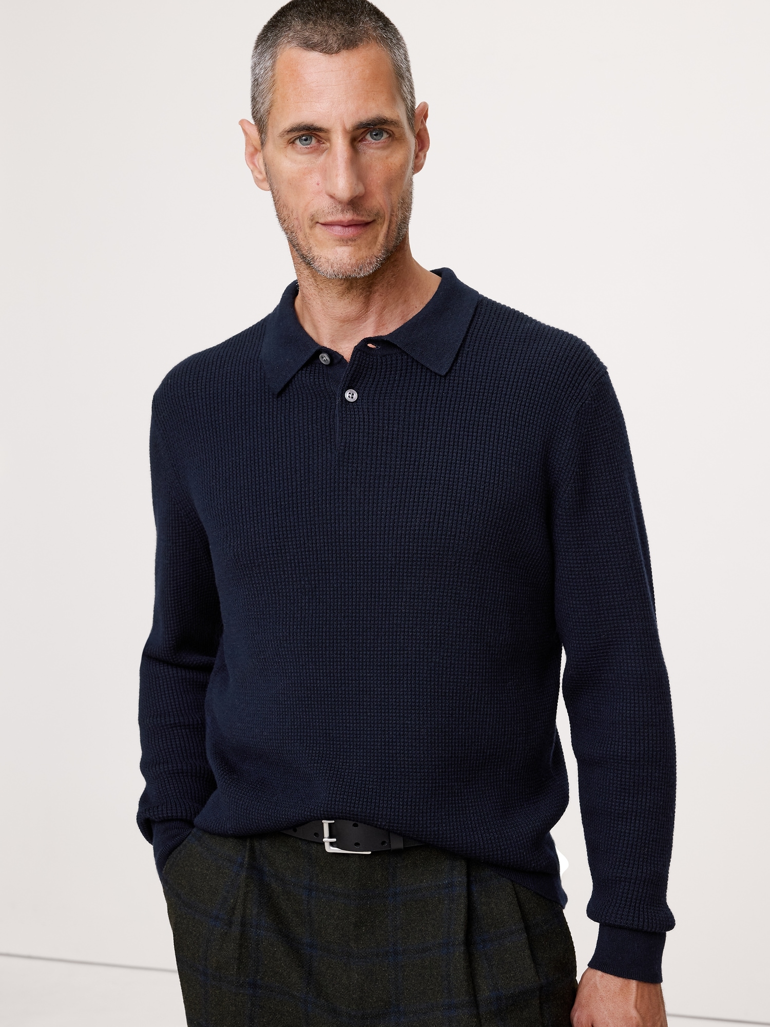 Merino Waffle-Knit Sweater Polo - Navy Blue