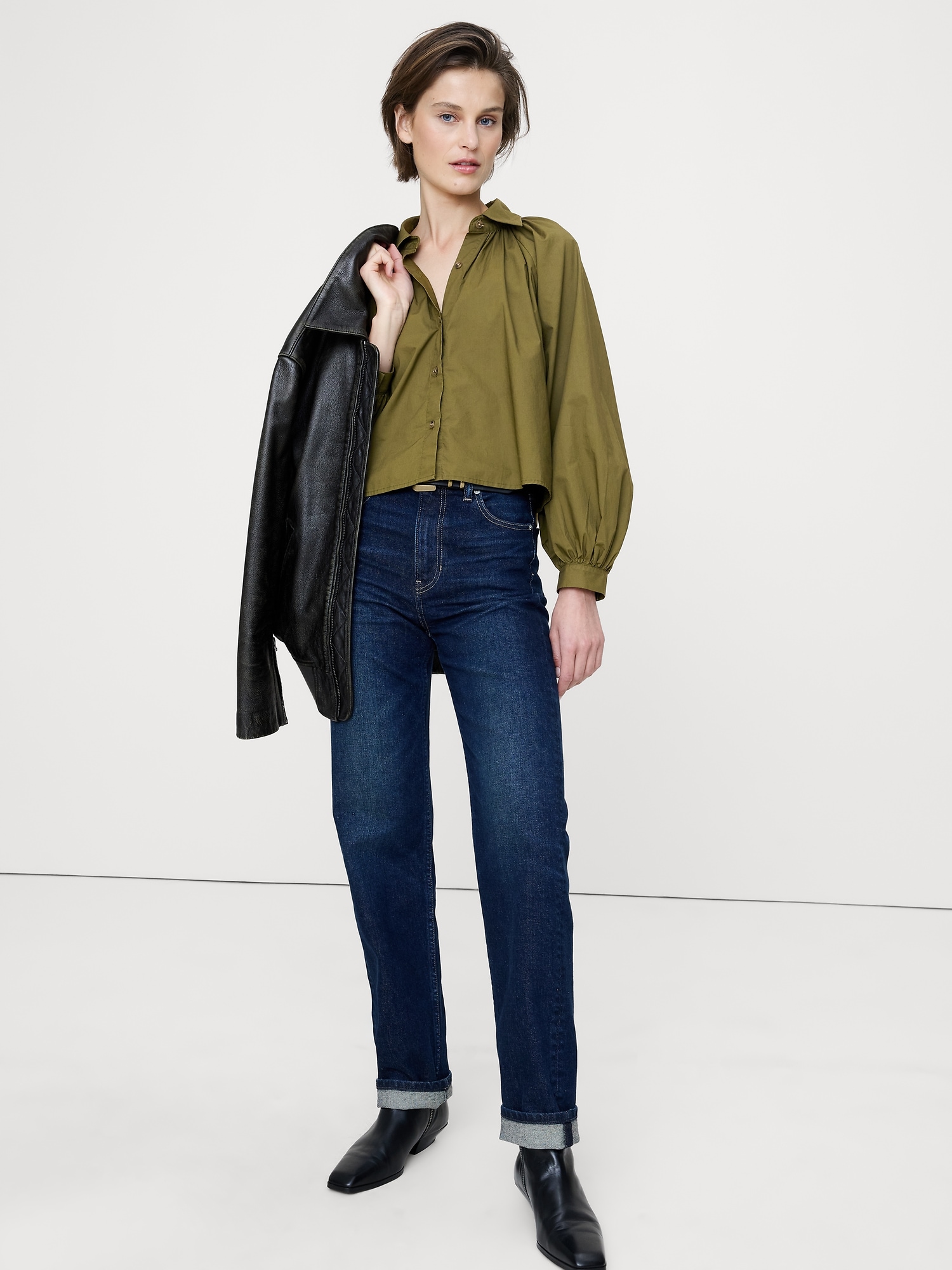 Cotton Poplin Balloon-Sleeve Shirt - Mangrove Green