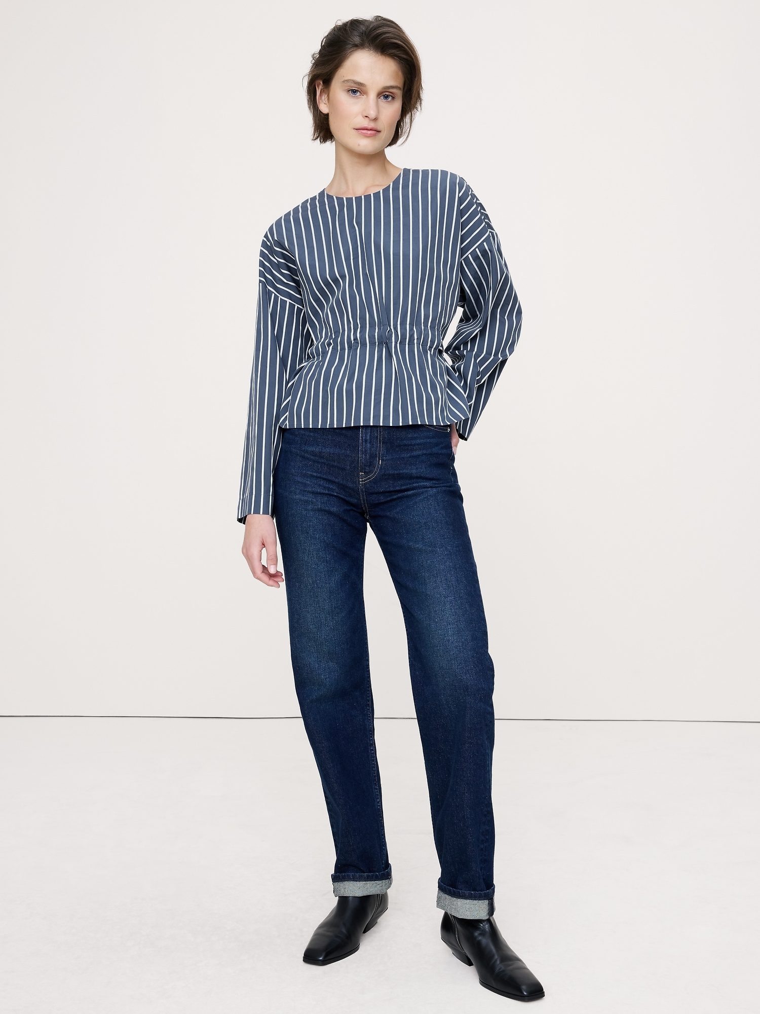 Cotton Poplin Cinch-Waist Top - Blue & White Stripe