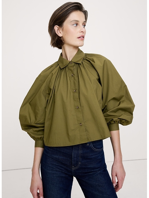 Cotton Poplin Balloon-Sleeve Shirt