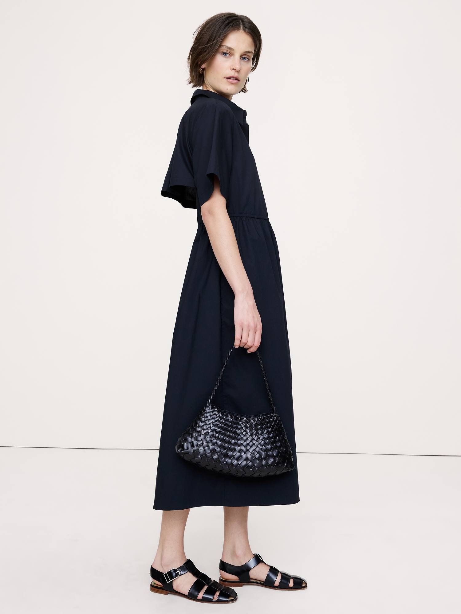 Cotton Poplin Open-Back Shirt Dress - Navy Blue