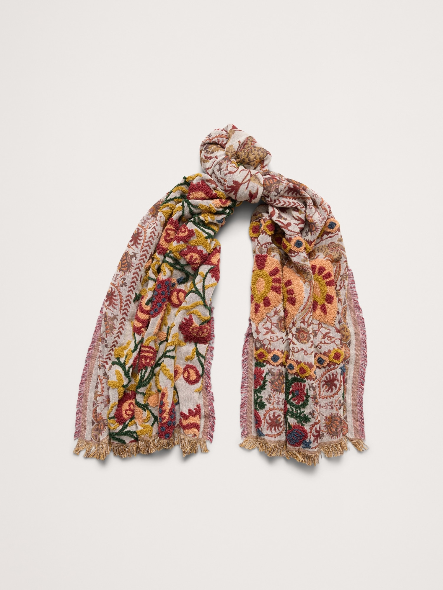 Long Embroidered Scarf by Vismaya - White Floral