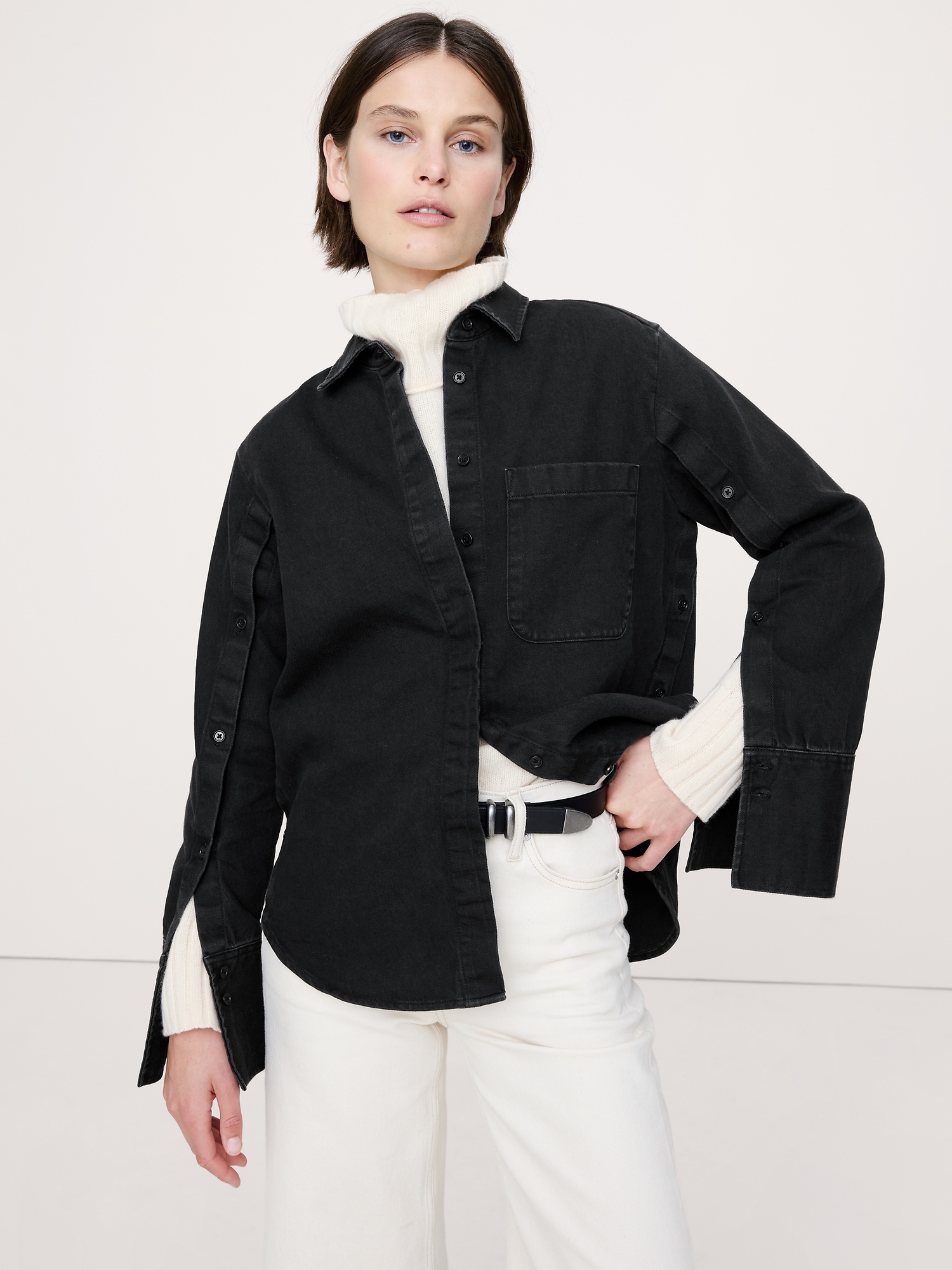 Denim Button-Sleeve Shirt - Washed Black
