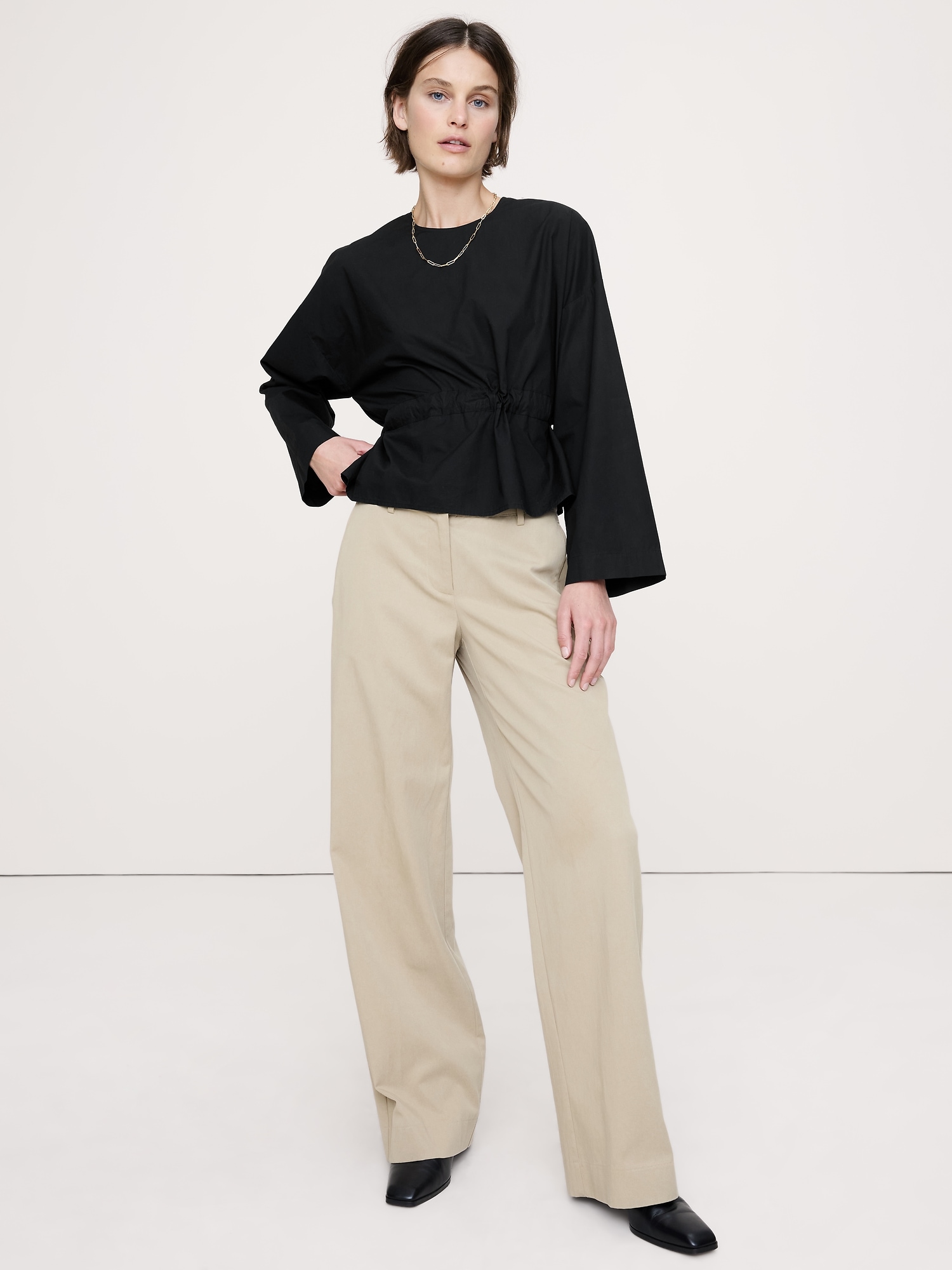 Cotton Poplin Cinch-Waist Top - Black