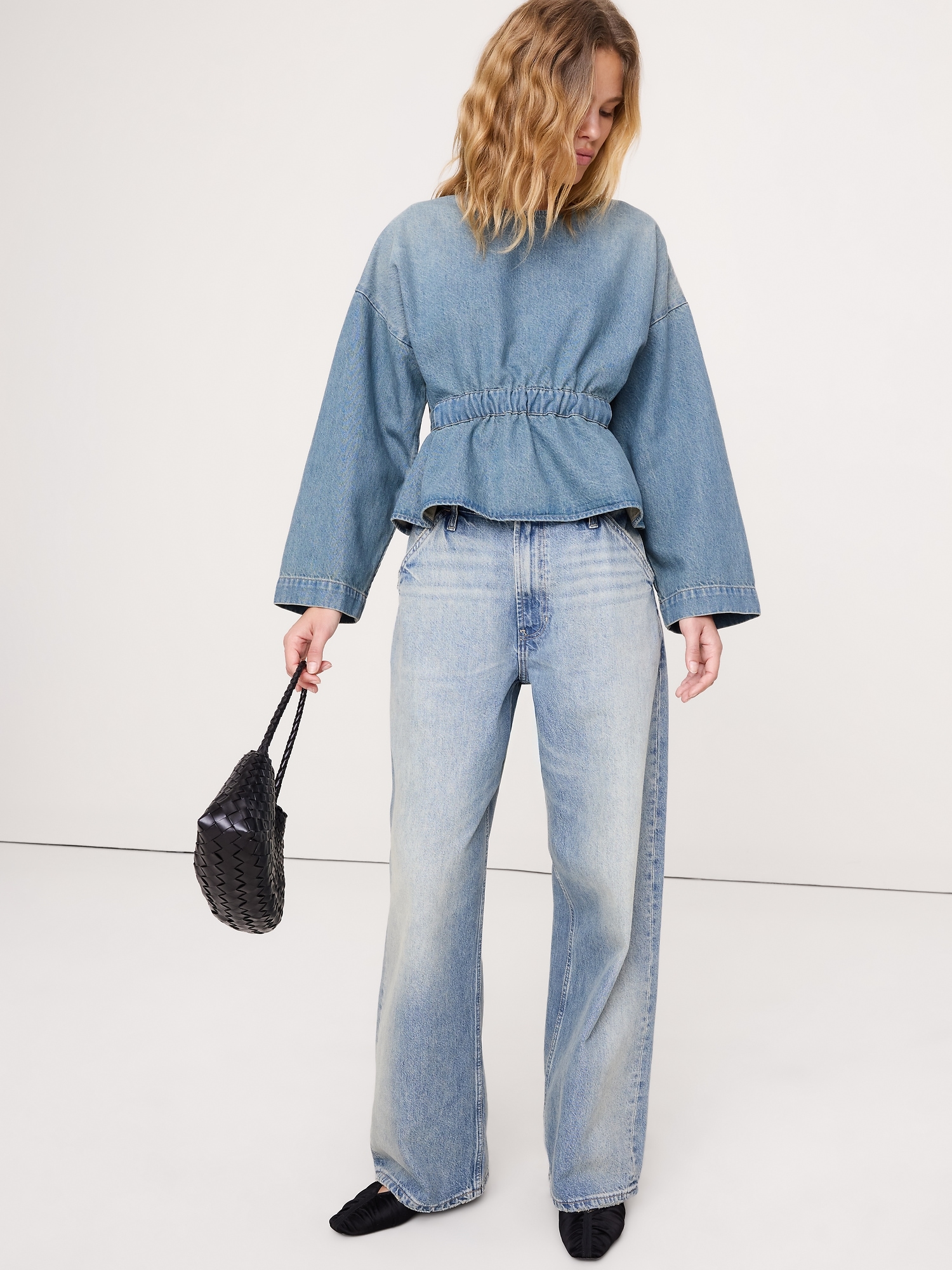 Denim Cinch-Waist Top - Medium Wash