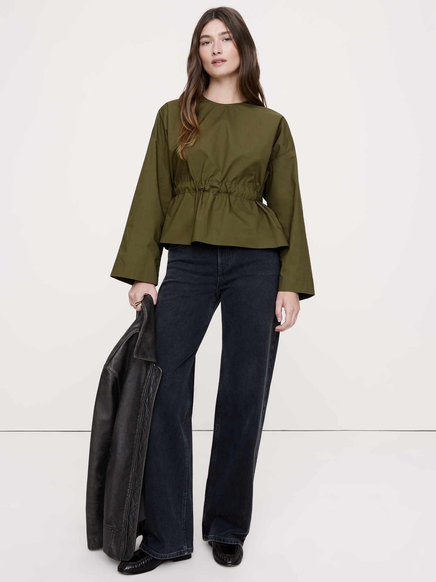 Cotton Poplin Cinch-Waist Top - Olive Green