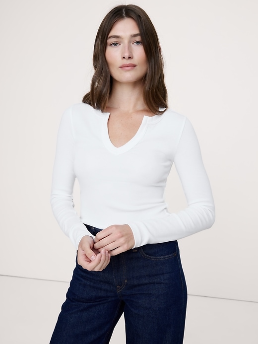 Ribbed Split-Neck T-Shirt