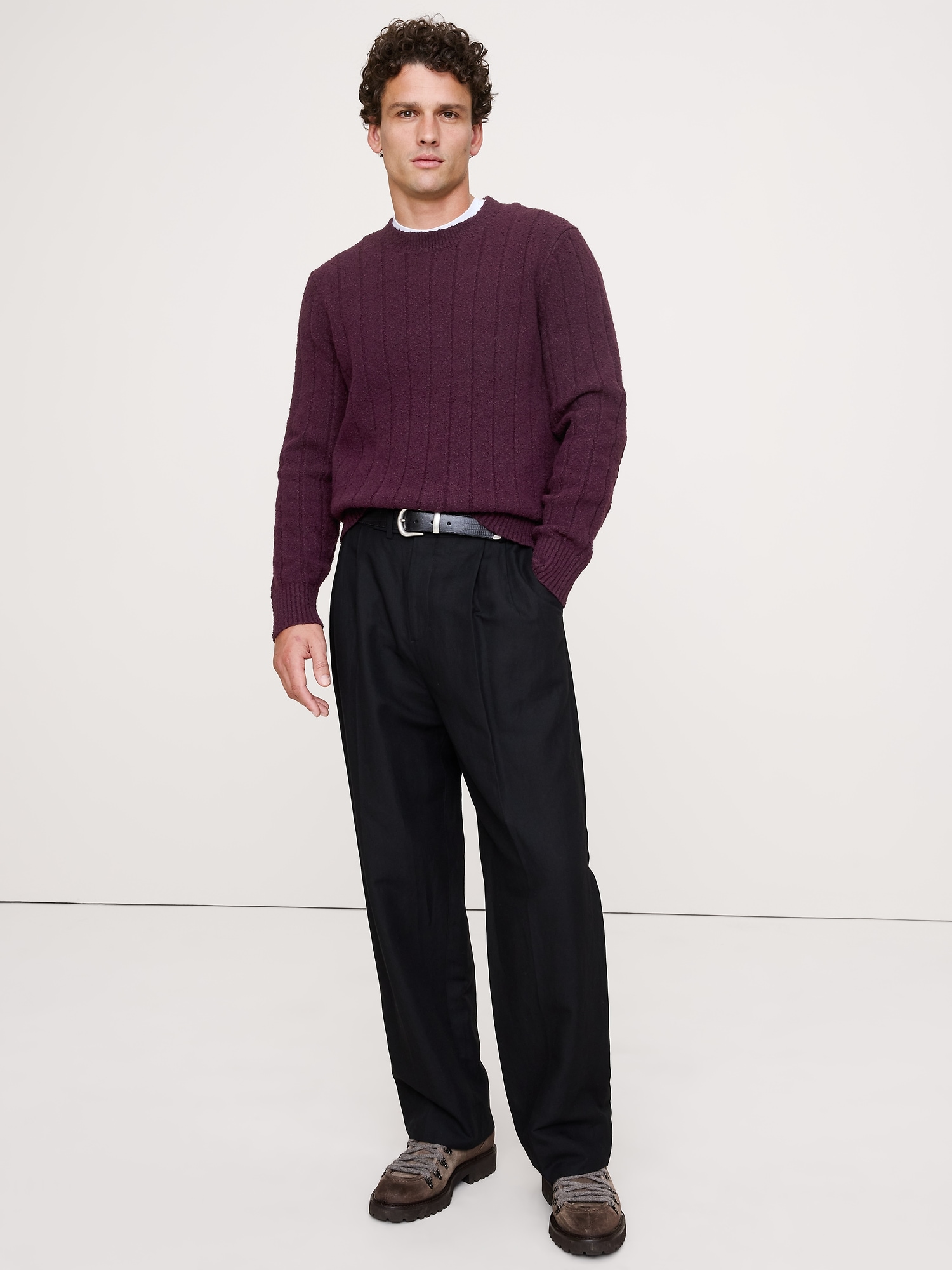 Bouclé Ribbed Crew-Neck Sweater - Ruby Plum Purple