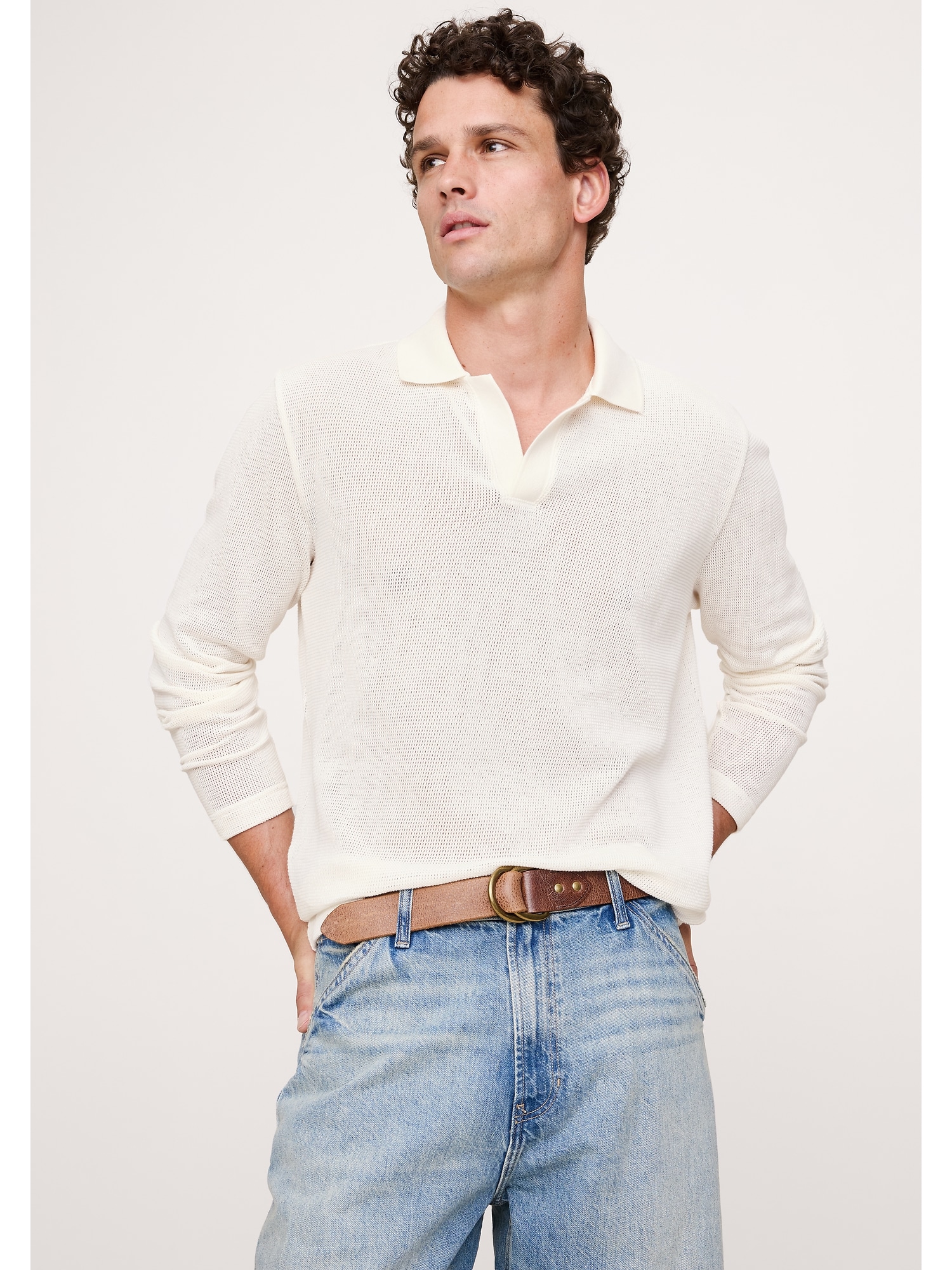 Cotton Mesh Long-Sleeve Polo