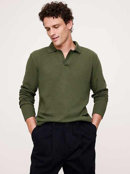Cotton Mesh Long-Sleeve Polo